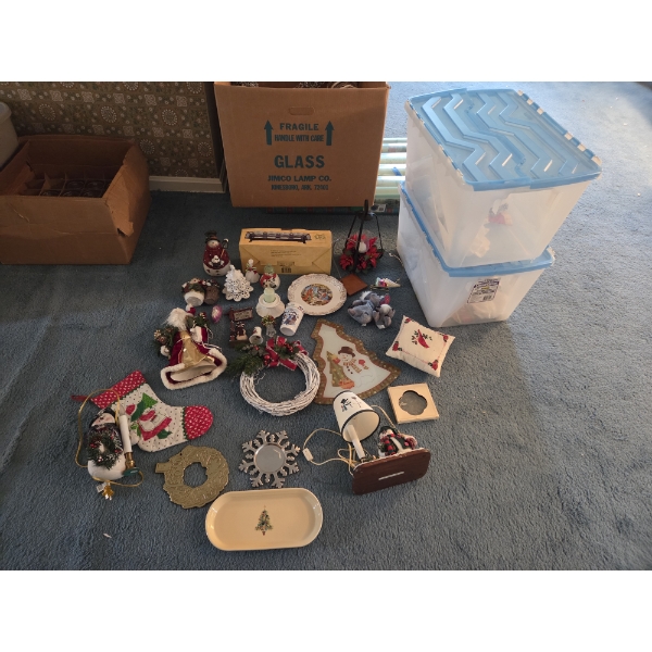 PICKUP IN CANTON - Two Fifteen Gallon Plastic Storage Totes With Christmas Decorations Including Lam