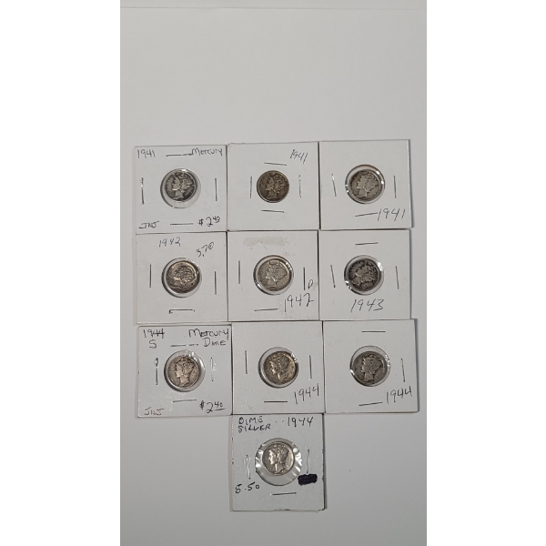 Assorted Years/Mint Marks Mercury 90% Silver Dimes - Face Value: $1.00