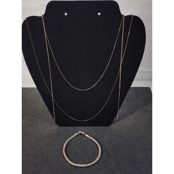 3 Sterling Silver Necklaces (1 Broken) 17", 20", 26" & Stunning Twist-Cable Bracelet TW: 17.7g