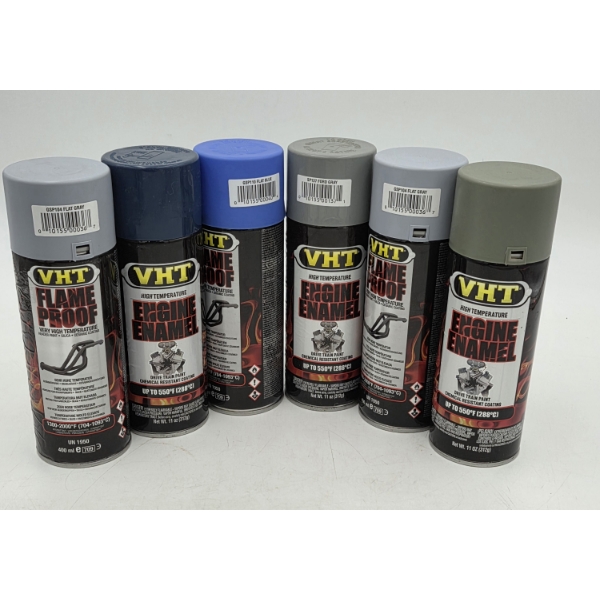 Six Brand New 11oz Cans Of VHT High Temp Spray Paint In Assorted Colors Shown