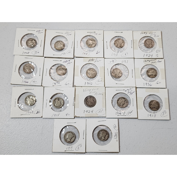 x17 Assorted Years 90% Silver Mercury Dimes FV: $1.70