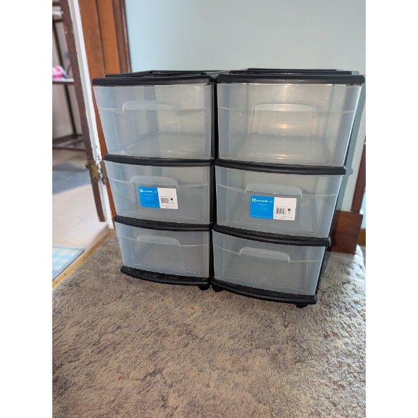 2 Plastic Three Drawer Storage Bins