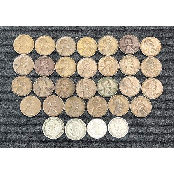 Lot of 27 Wheat Pennies ($.27) and Foreign Silver