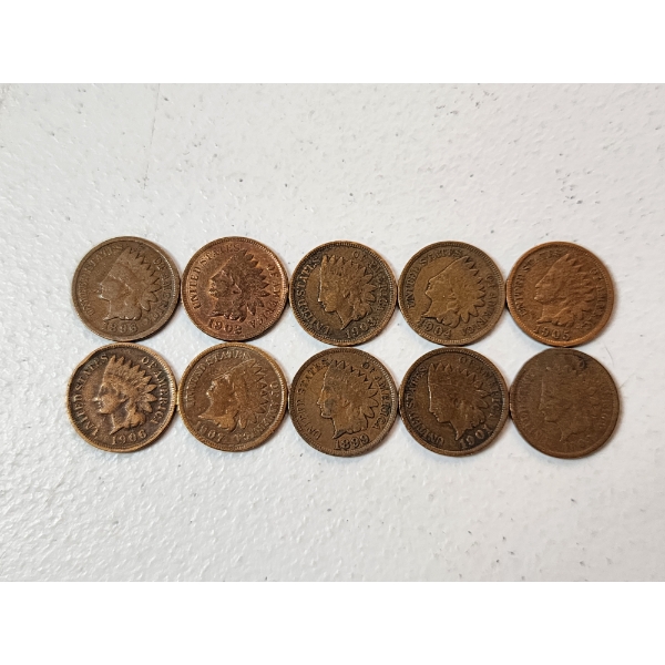 x10 Assorted Years U.S. Indian Head Cents FV: $0.10