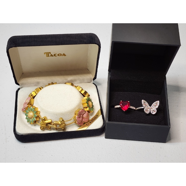 Assorted Costume Jewelry: Gold-Tone Flower Bracelet and Two Silver-Tone Rings Heart and Butterfly