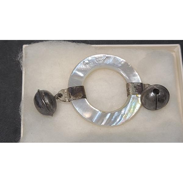 Vintage Mother Of Pearl Teething Ring With Sterling Silver Bell Attachments