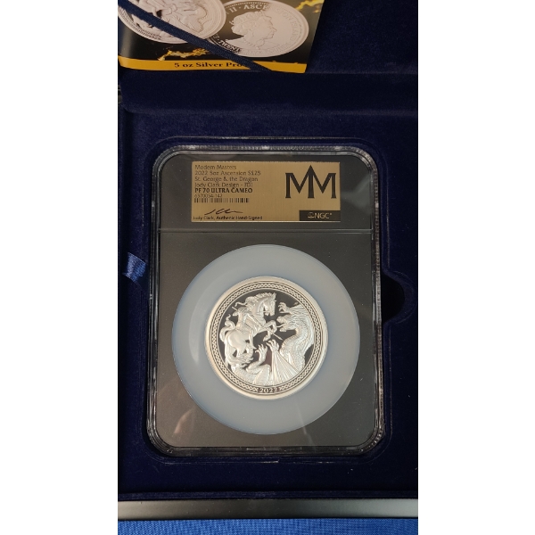 Modern Masters 2022 NGC £25 St. George & The Dragon PF 70 ULTRA CAMEO 5 0Z .999 Fine Silver Coin