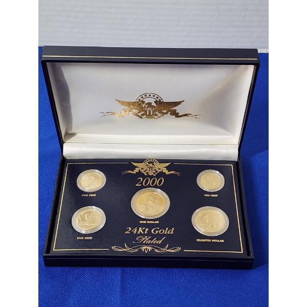 2000 24K Gold-Plated 5-Coin Set: Cent, Nickel, Dollar, Quarter, Dime in Display