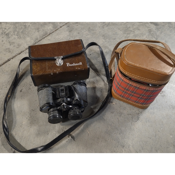 Vintage Bushnell Binoculars & Skotch Twin Glass Flasks With Shot Glasses 