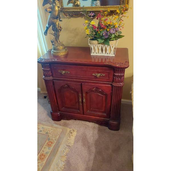 Matching Mahongany Carved Night Stand - Chest With Drawers - As Shown