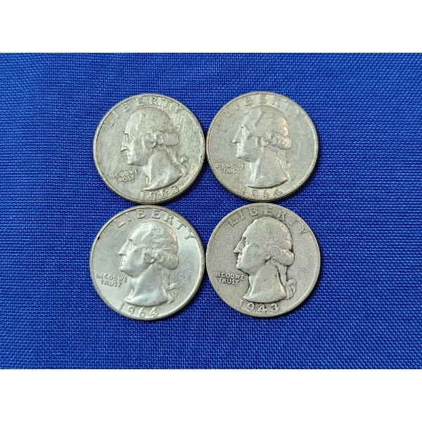 Four Assorted Years Silver Washington Quarters - 90% U.S. Silver - FV: $1.00
