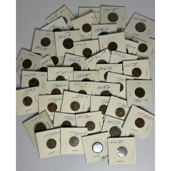 Lot of 45 Assorted Year Pennies, Including Wheat and Copper, FV $.45