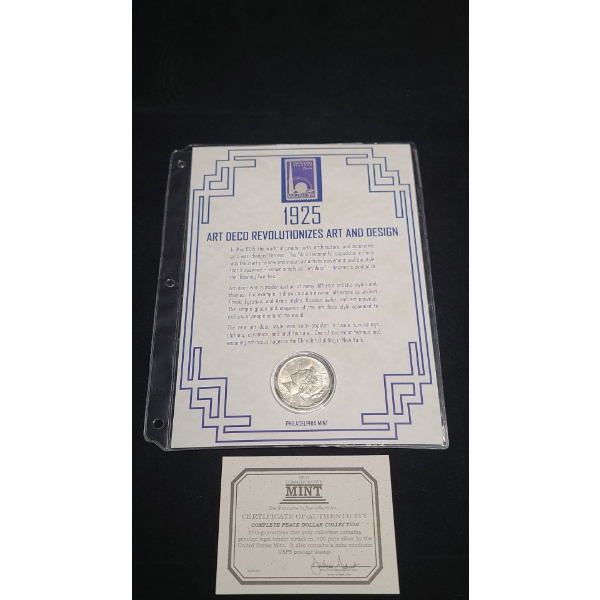 1925-P Silver Peace Dollar in First Commemorative Mint Display With Stamp