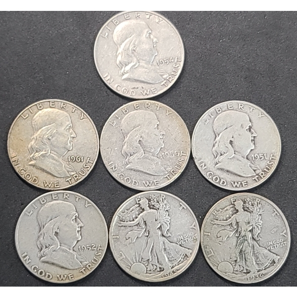 (7) Assorted Years/Mint Marks U.S 90% Silver Franklin & Walking Liberty Half Dollars - FV $3.50