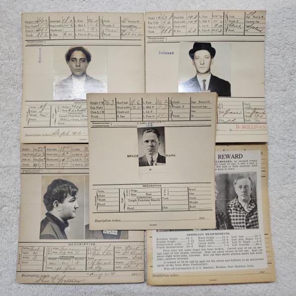 INTERESTING!!! Collection of 5 Antique MUGSHOT Bertillon Criminal Booking Sheets