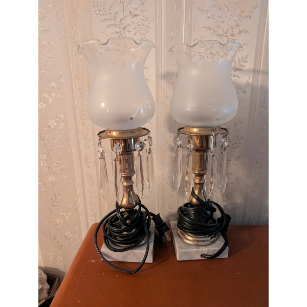 Matching Exquisite Vintage 13" Lamps With Marble And Hanging Crystals