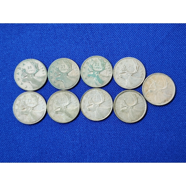 x9 Assorted Years Canadian 80% Silver Quarters ASW Each: 0.15oz / FV: $2.25
