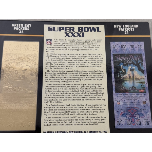 Authentic 1997 Super Bowl XXXI NFL Football Ticket & 24K Gold Plated Ticket - Mint Condition