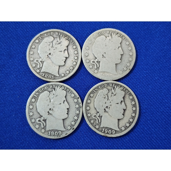 x4 United States 90% Silver Barber Half Dollars: 1865, 1905, 1909, 1909
