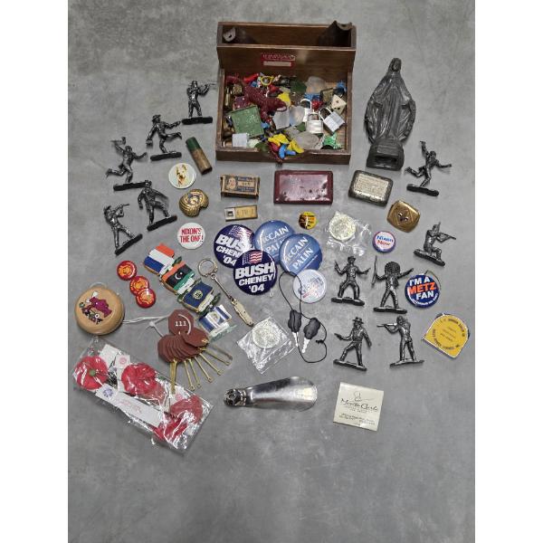 Vintage Collectables Including Lead Mary Statue, Metal Cowboys & Indians Toys, Trinkets, Pins, & Mor