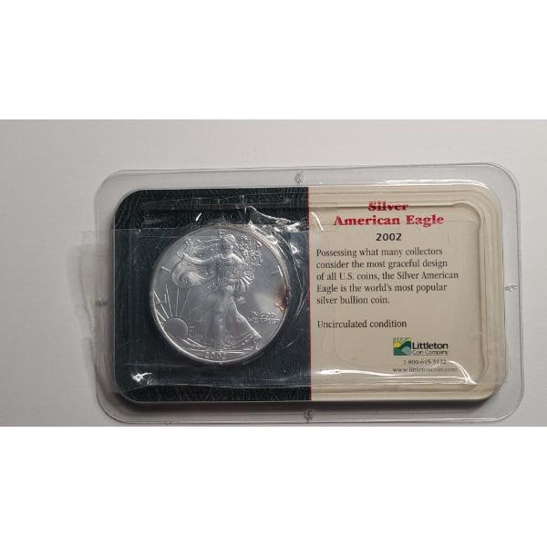 2002 1 Troy Ounce .999 Fine Silver American Eagle In Littleton Coin Packaging 