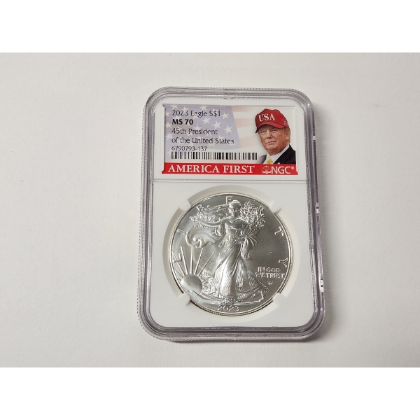 2023 $1 Silver American Eagle 1oz Fine Silver Graded MS70 by NGC ft. Donald Trump America First