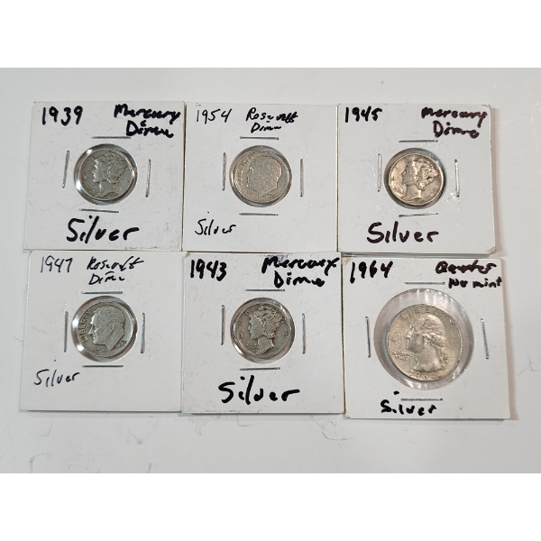 Assorted 90% Silver U.S. Coins: (5) Various Years Dimes & (1) 1964 Quarter FV: $0.75