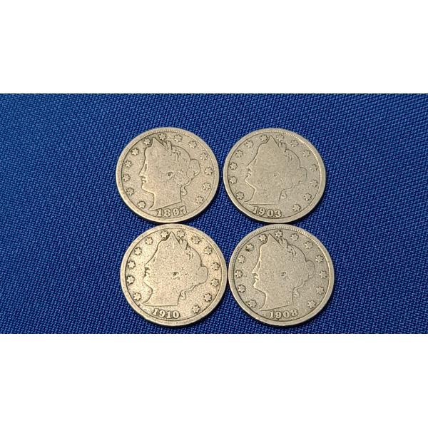 1897, 1903, 1908 & 1910 V Nickels - Face Value: $0.20