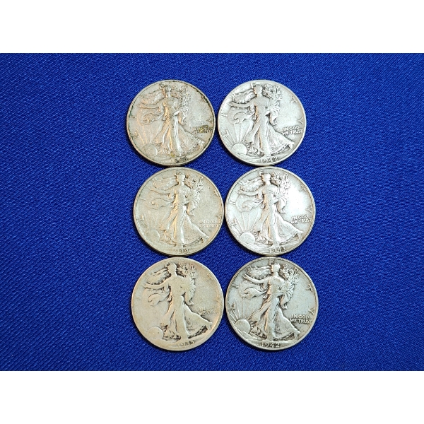 x6 Assorted Years Walking Liberty 90% Silver Half Dollars FV: $3.00