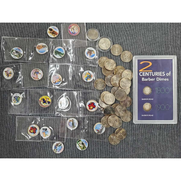 2 Centuries Of Barber Dimes Display & $12.50 in Assorted State & Colorized Quarters!
