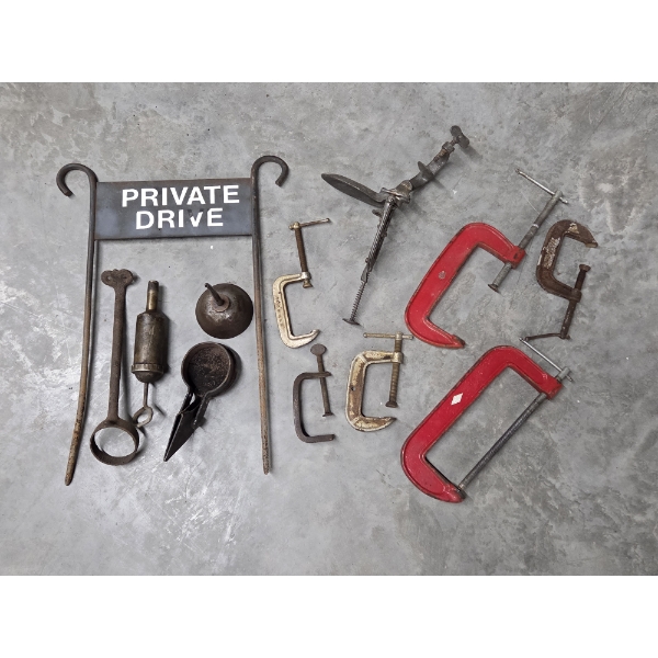 Vintage Items Including Heavy Metal Private Drive Sign, Clamp Collection, Mini Grease Gun, Oil Can