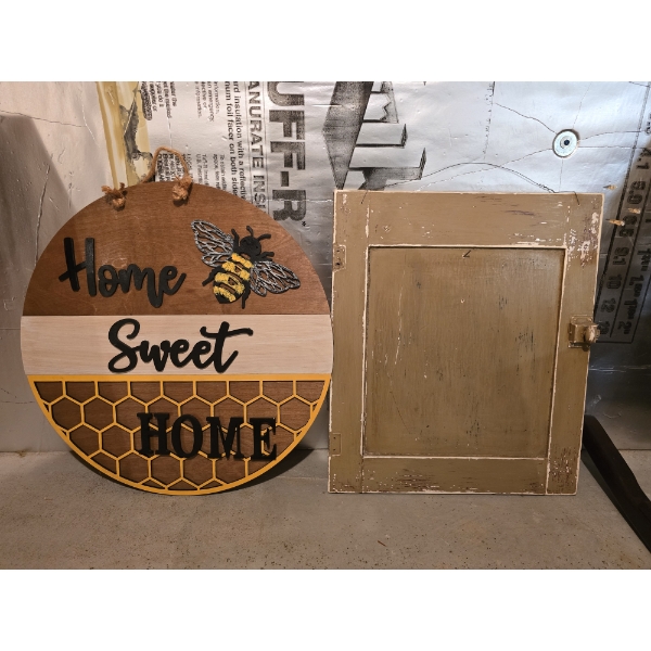 22" Honey Bee Sign and Vintage Door with Wire for Hanging 18x21