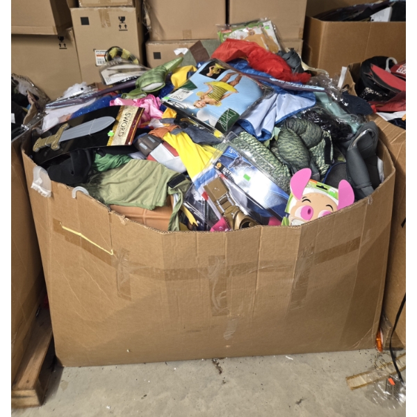 Brand New 49''x50''x30'' Box Of Assorted Sizes Halloween Costumes, Wigs, Capes, Hats, Accessories & 