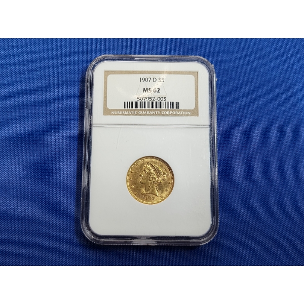 U.S. 1907-D $5 Liberty Head Half Eagle Gold Coin Graded MS-62 (NGC)