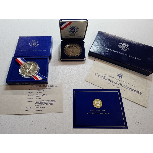 (2) United States Commemorative Silver Coins: Liberty Silver Dollar & Constitution Coin