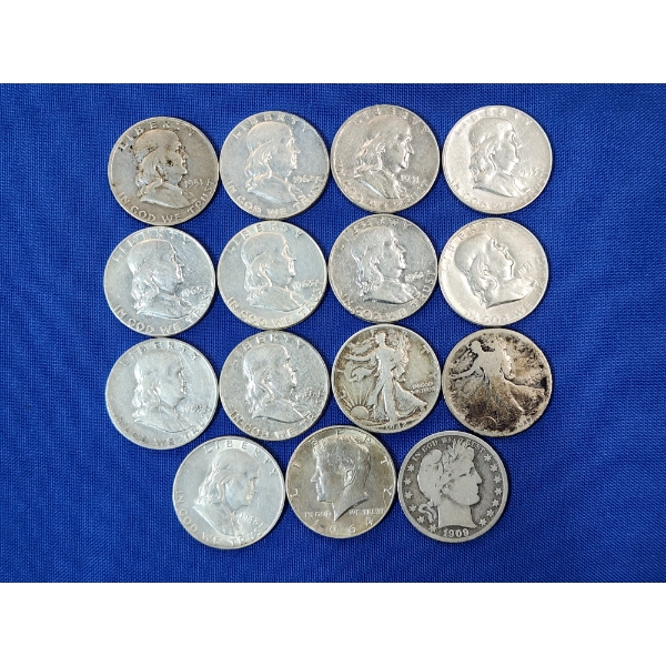 Assorted 90% Silver Half Dollars: Franklin, Walking Liberty, Kennedy - FV: $7.50