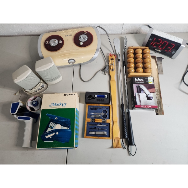 Assorted Home Items: Working Foot Massager, Working Alarm Clock, Booklight, Label Maker & more! 