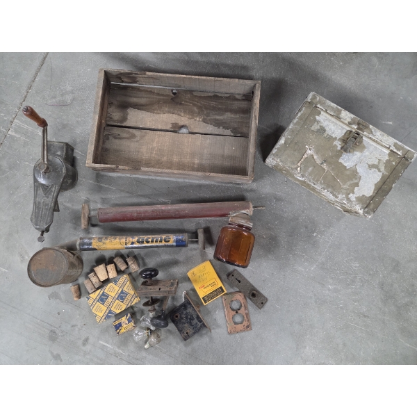 Interesting Vintage Collectables Including Sprayers, Photo Paper, Corks, Metal Ammo Box, Wood Crate 