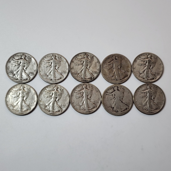 10 Assorted Years United States 90% Silver Walking Liberty Half Dollars - Face Value: $5.00