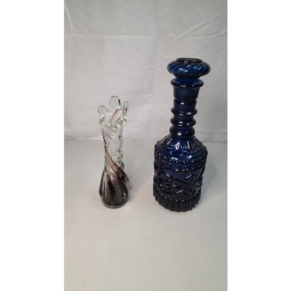 Vintage 6 Finger Twisted & Swung Glass Vase With Plum Swirl & Jim Beam 1970's Decanter