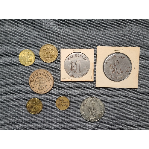 8 Assorted Tokens & Coins Ft. Two Hotel Coin, Aladdin's Coin, Wooden Nickel & More!