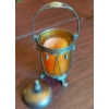 Image 2 : Vintage Amber Glass & Metal Lidded Candle Lamp - As Shown Mint Condition