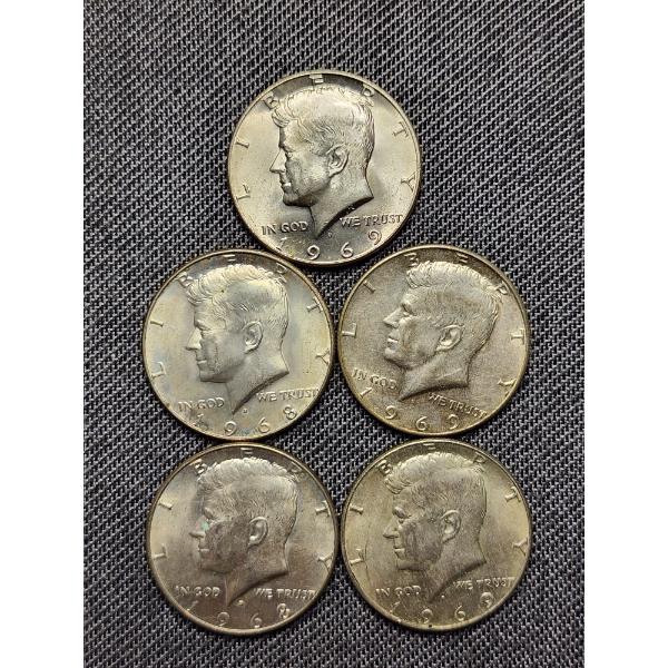 5 Assorted 40% Silver Kennedy Half Dollars - $2.50 Face Value 