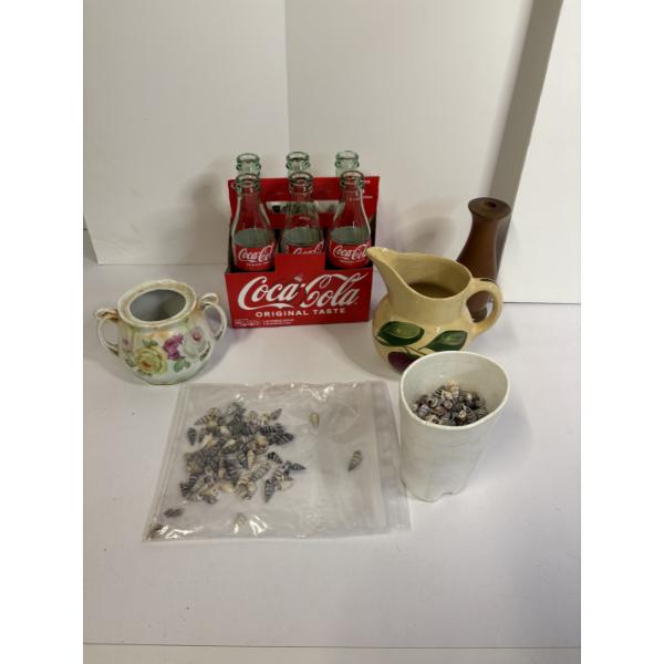 6 Pack Coca-Cola Bottles 6 oz. -7 Inches - Small Seashells - Glass Pitcher with Fruit 