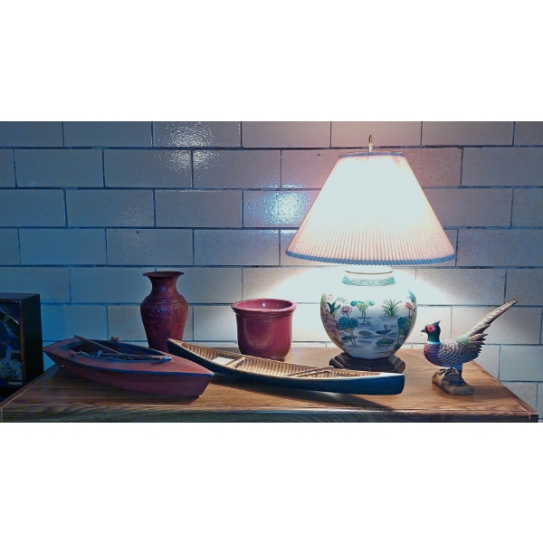 6 Pc Vintage Collectible Group As Shown - Includes Carved Boating - Lamp & More As Shown
