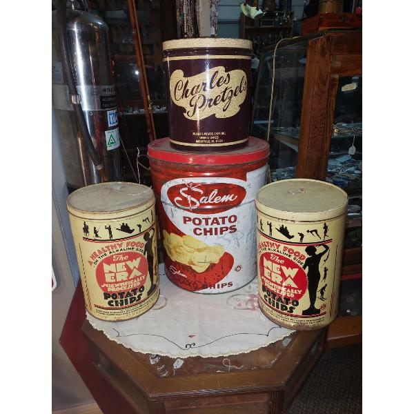 Advertising - 4 Pc Vintage Potato Chip Tins - Nice Group See Pics