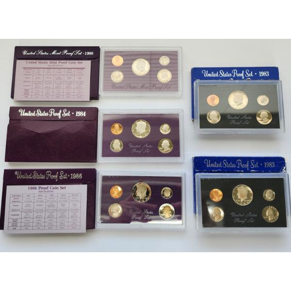 Five United States Mint Proof Sets: 1988, 1984, 1986, 1983, 1983