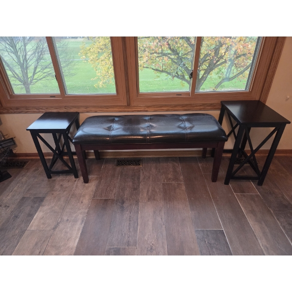 Two Small Black Stands And Leather Look Bench, With Beautiful Accent Pillows, Sophisticated Group!