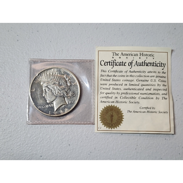 1922 90% Silver Peace Dollar with The American Historic Society COA