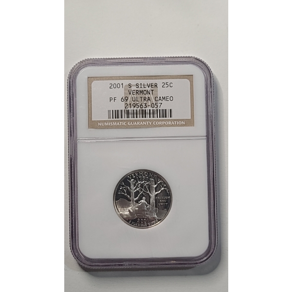 NGC 2001-S PF 69 ULTRA CAMEO 90% Silver Vermont State Quarter